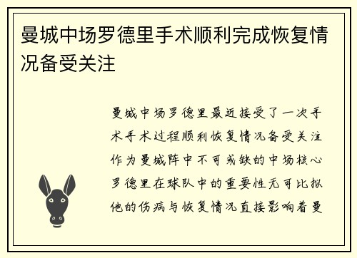 曼城中场罗德里手术顺利完成恢复情况备受关注